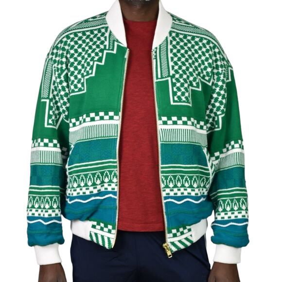 Anz Sweater Jacket Knit Green Keffiyey Zip Front Geo Print Streetwear Size XL - Picture 1 of 16